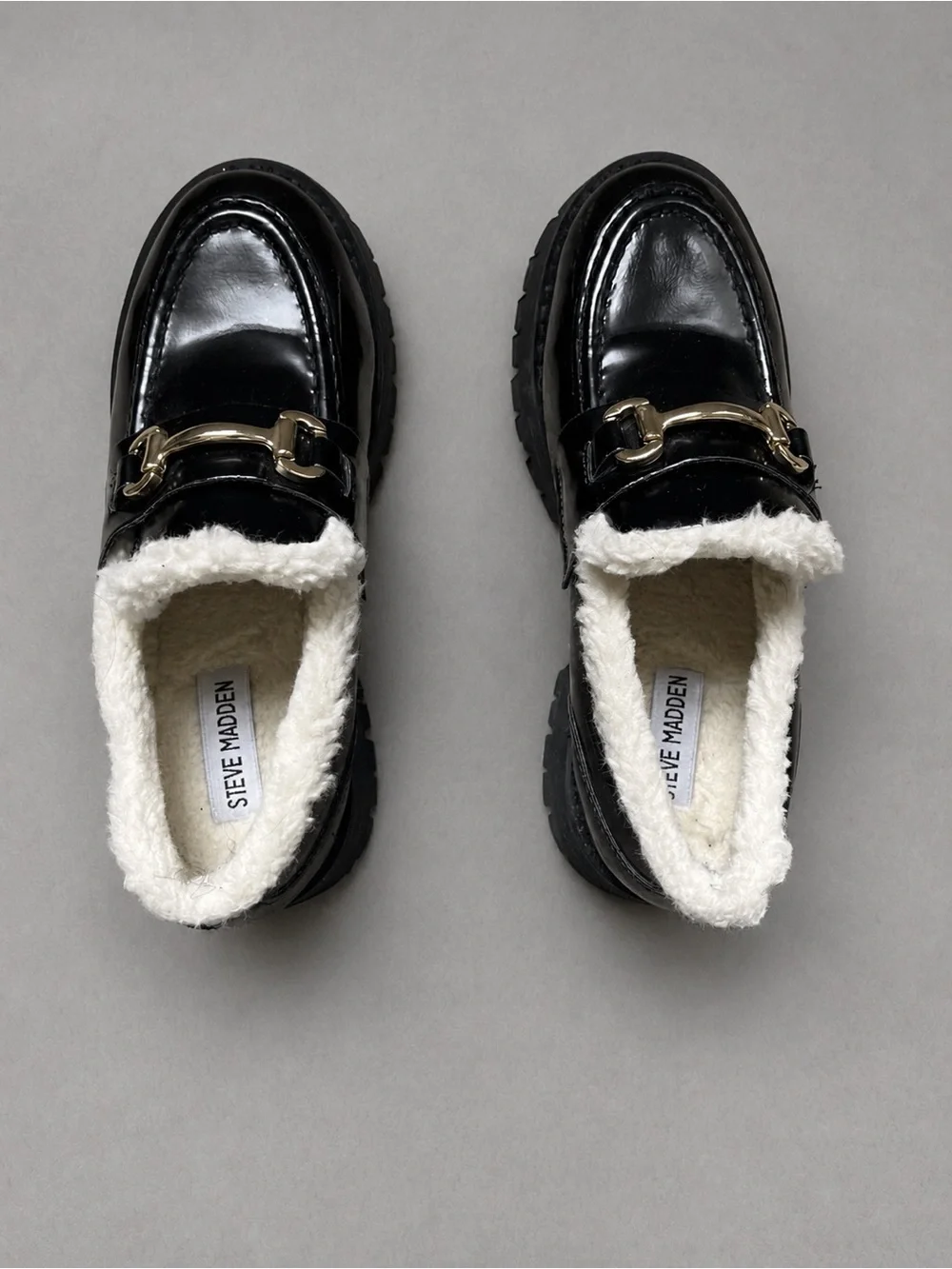 Steve Madden Black Patent Loafers with White Faux Shearling